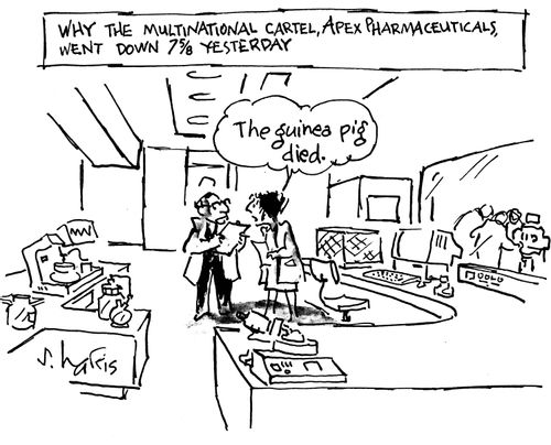 Why the multinational cartel Apex Pharmaceuticals went down 7 5/8 yesterday.