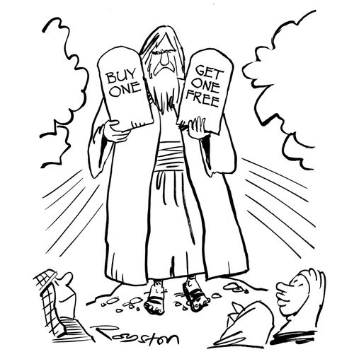 Moses's tablets read Buy One, Get One Free.