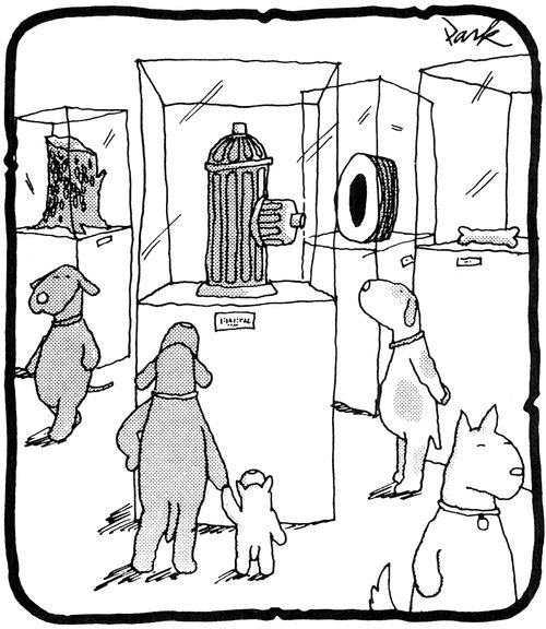 Dogs looking at a fire hydrant in an art gallery.