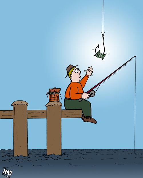 A man is fishing and a large hook descends from the sky with money as bait.