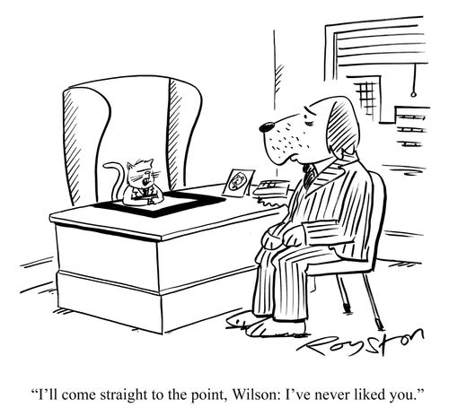 Cat boss tells dog: 'I'll come straight to the point, Wilson: I've never liked you.'