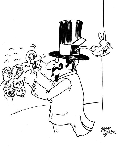 Rabbit jumps out of back pet door of magician's hat