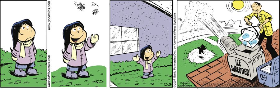 Papi makes snowfall for Gracie on Christmas with an ice shredder.
