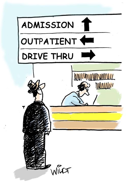 Hospital Sign: Admissions, Outpatient, Drive Thru.