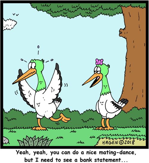 "Yeah, yeah, you can do a nice mating-dance, but I need to see a bank statement..."