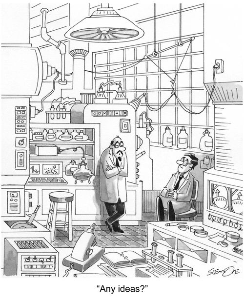 'Any ideas?'(scientists in a lab).