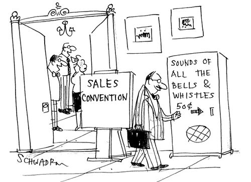 Sales convention - Vending machine 'Sounds of all the bells & whistles, 50c'.