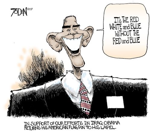 In Support of our efforts in Iraq, Obama returns his American flag pin to his lapel.