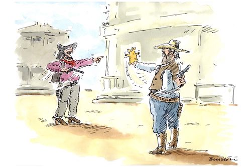 Cowboy distracting his opponent with a hand puppet.