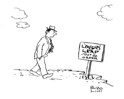 Sign by cliff: Lover's Leap - Out of order.
