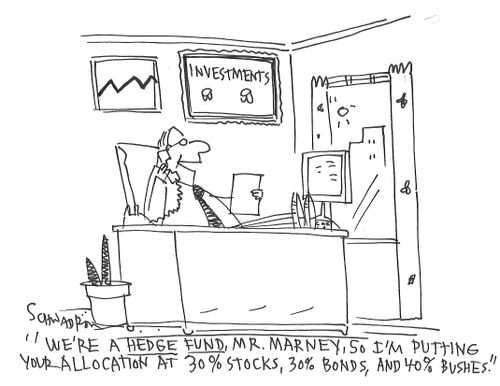 "We're a hedge fund, Mr Marney, so I'm putting your allocation at 30% stocks, 30% bonds, and 40% bushes."