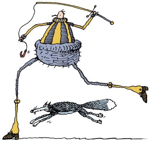 Man runs with a fox and fishing hook.