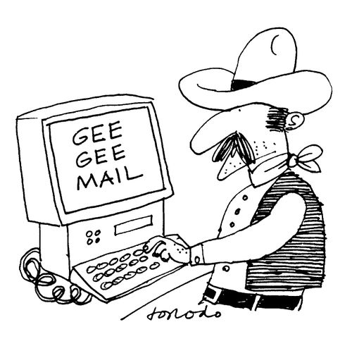 A cowboy on a computer receiving his 'gee gee mail'