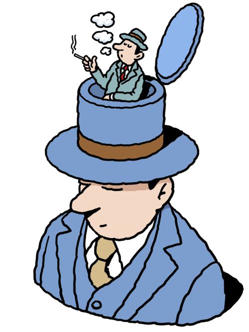 A tiny smoker pops out of a man's hat.