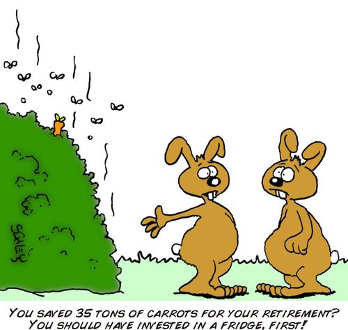 "You saved 35 tons of carrots for your retirement? You should have invested in a fridge, first!"
