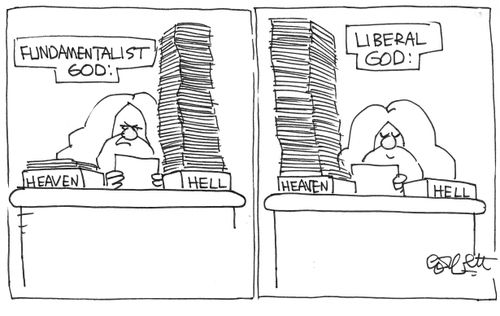 Conservative God vs liberal God on heaven and hell.