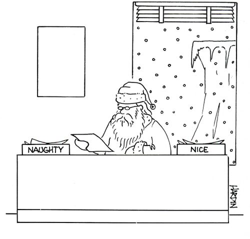 Santa with 'naughty' and 'nice' in-trays.