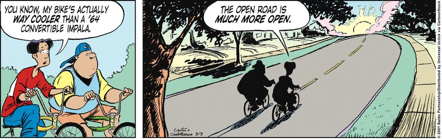 "You know, my bike's actually way cooler than a '64 convertible Impala. The open road is much more open."