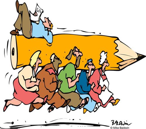 Man reading on top of giant pencil being carried by others.