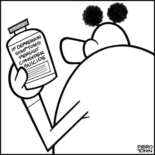 Medication label reads: 'If depression symptoms persist consider suicide'