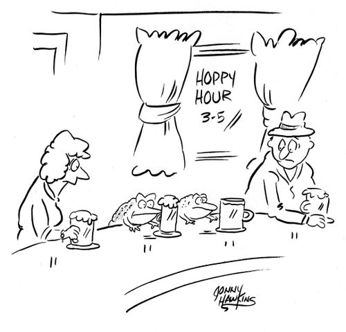 Frogs drinking beer during 'Hoppy Hour'.