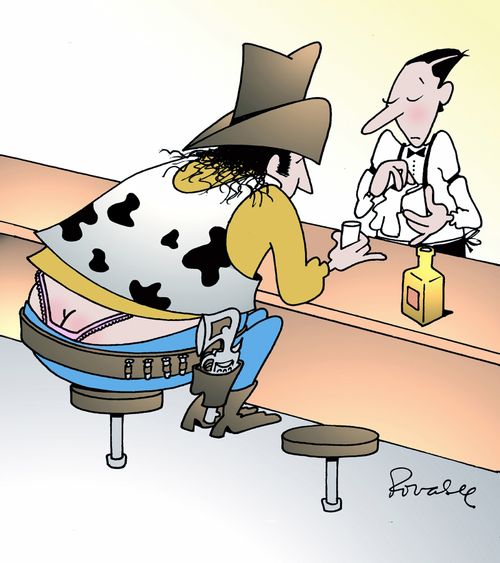 A cowboy is wearing women's underwear in a bar