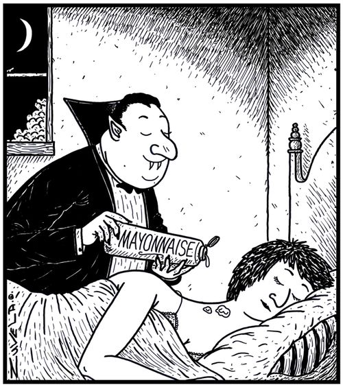 A vampire about to use mayonnaise on his new victim.