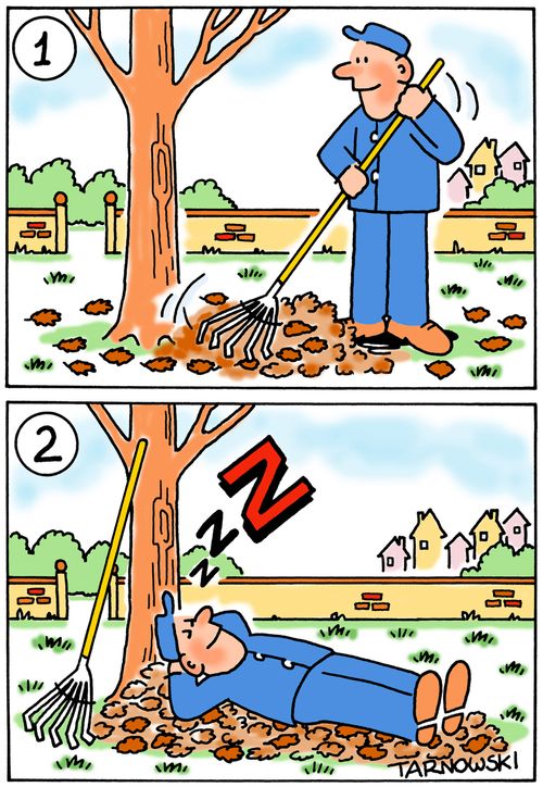 Man rakes up leaves so he can have a comfy nap.
