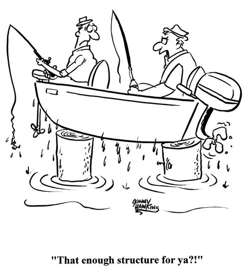Two fishermen land on stumps. Man says to other, 'Is that enough structure for ya?!'