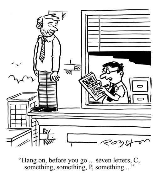 Man is about to jump from tall building, but colleague asks him to help with crossword queue first: 'Hang on, before you go ... seven letters ...'