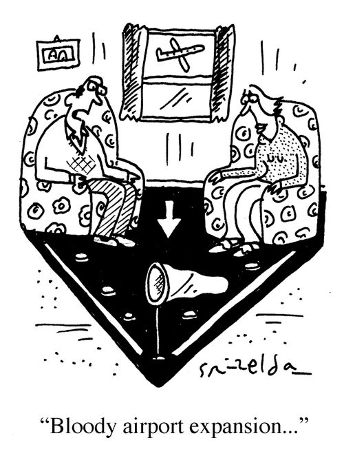 Couple with corner of runway in their living room - "Bloody airport expansion..."