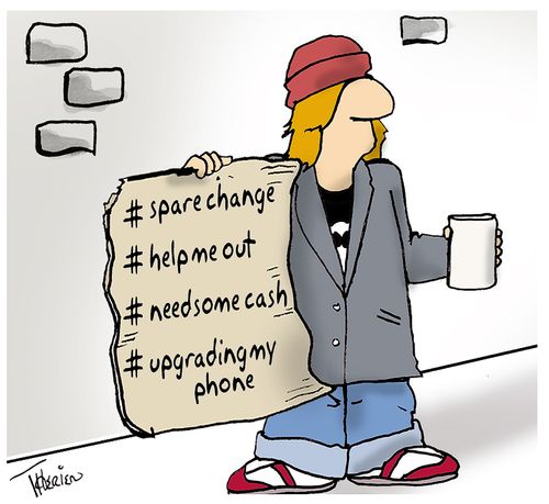 Panhandler uses hashtags to beg for money to upgrade phone.