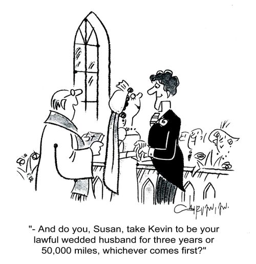 'And do you,take Kevin to be your lawful wedded husband for three years or 50,000 miles?'