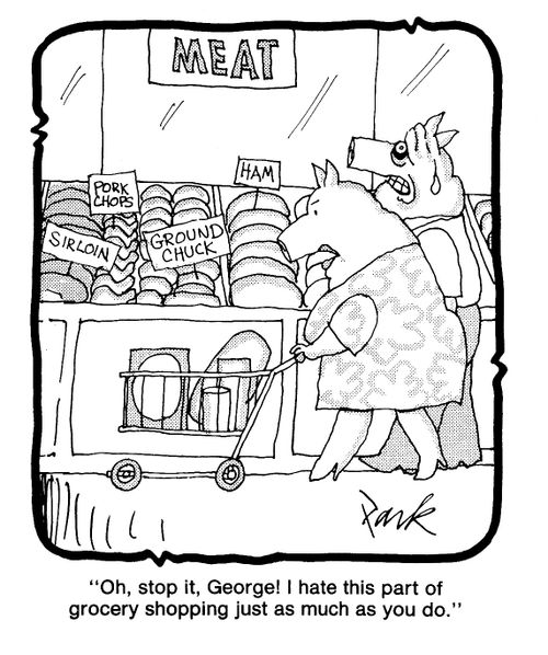 'Oh, stop it, George! I hate this part of grocery shopping as much as you do.'