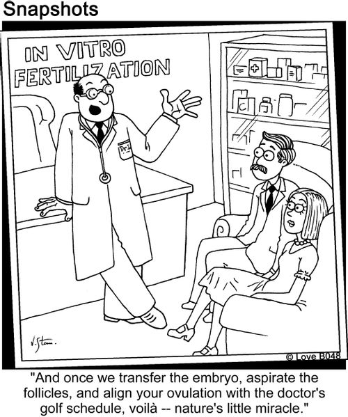'And once we transfer the embryo, aspirate the follicles, and align your ovulation with the doctor's gold schedule, voila -- natures little miracle.'