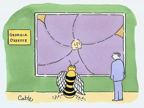 Scene in museum with large bumble bee studying painting of flower by Georgia O'Keeffe.