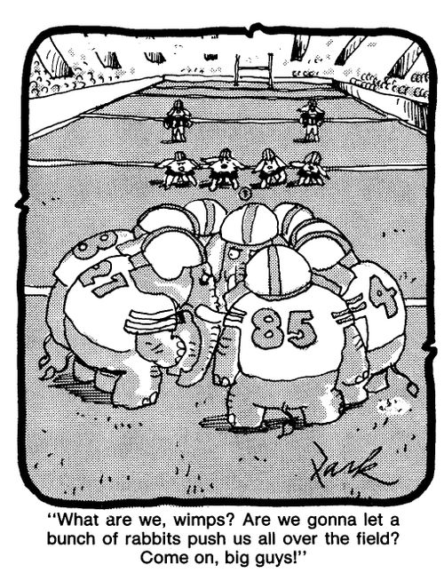 'What are we, wimps? Are we gonna let a bunch of rabbits push us all over the field? Come on, big guys.'