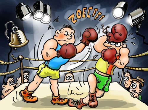Two men boxing, fighting in the ring.