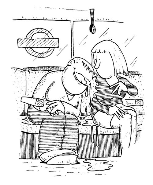 Sleepy man dribbling on a woman on the London underground