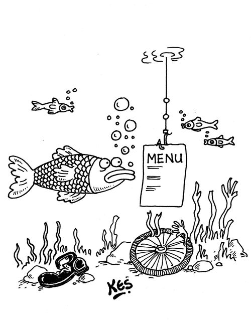 Fish sees menu on the end of a fisherman's line.