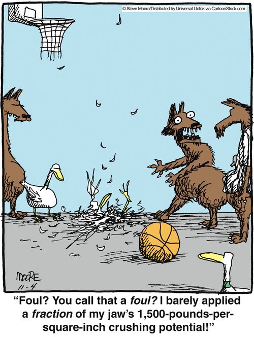 'Foul? You call that a foul? I barely applied a fraction of my jaw's 1,500-pounds-per-square-inch crushing potential!'