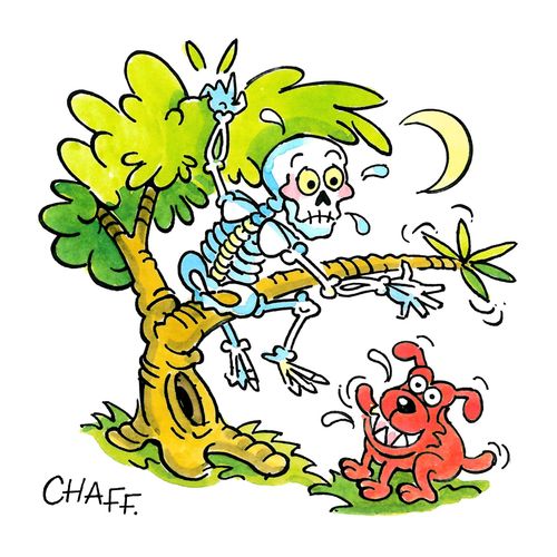 Hungry dog has chased a skeleton up a tree.