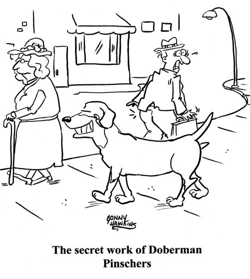 Man reacts to being goosed. Caption: The secret work of Doberman Pinschers