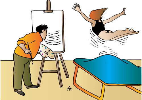 Artist studies trampolinist.