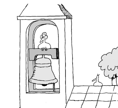 Bird protecting ears from the bell tower