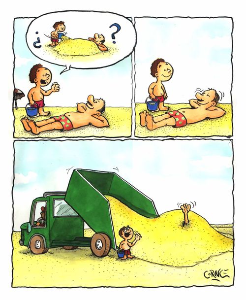 Son burying his dad in sand