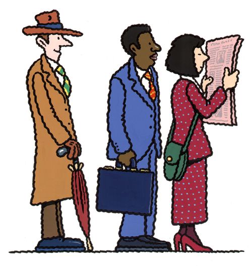 Three people waiting in a queue.
