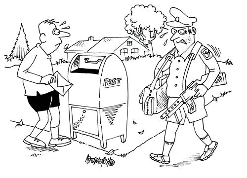 A mailman walks past carrying a gun while a man posts a letter