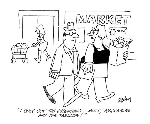 'I only got the essentials...meat,vegetables and the tabloids!'