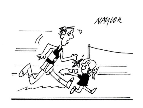 Little girl running alongside athlete asking for autograph.